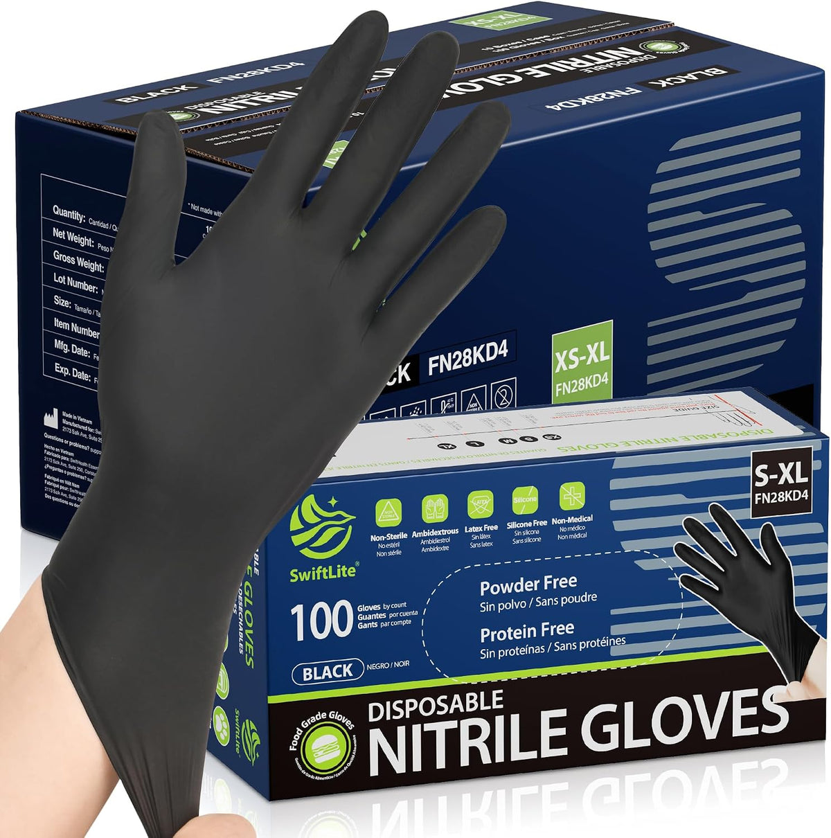 SWIFTLITE Black Nitrile Gloves Disposable Latex Free, Food Safe
