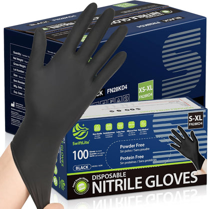 SWIFTLITE Black Nitrile Gloves Disposable Latex Free, Food Safe