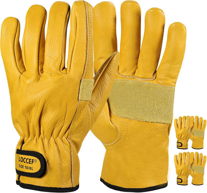 LOCCEF 2 Pairs Leather Work Gloves for Men Women Cowhide Utility