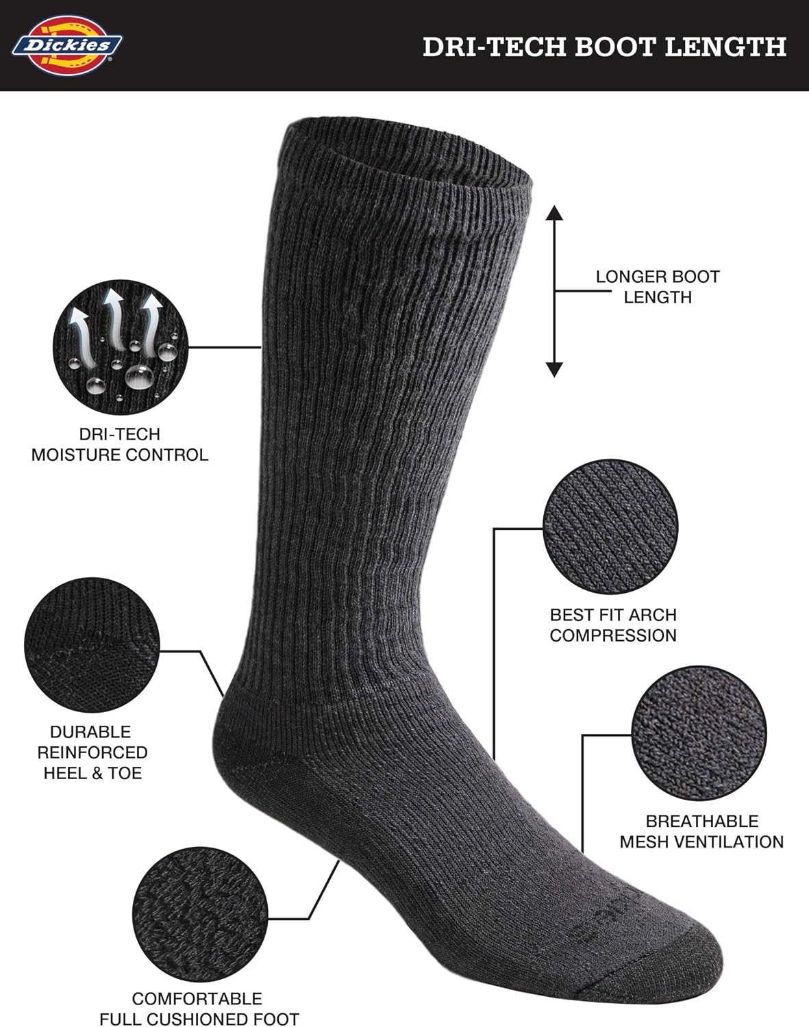 Dickies Men's Dri-Tech Moisture Control Boot-Length Socks, Available in L-XL (6, 12 Pairs)