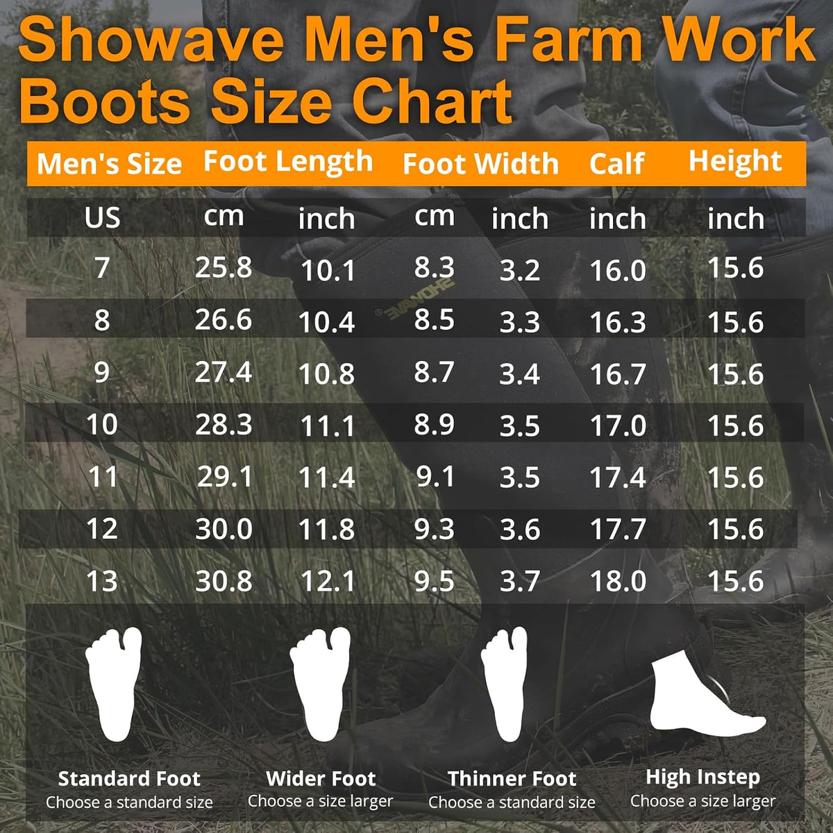Showave Men's Rubber Boots Knee High Waterproof Insulated Rain Boots