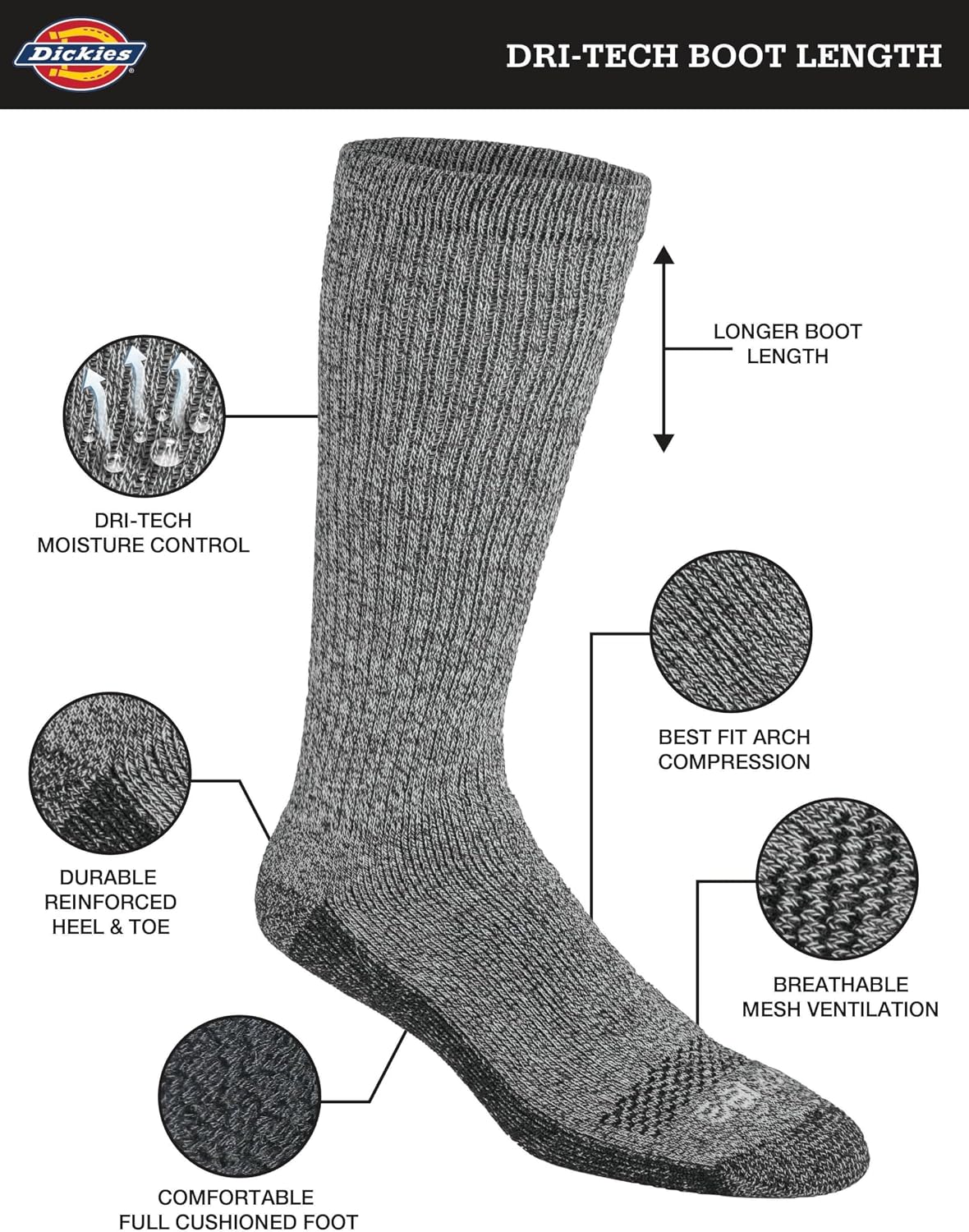 Dickies Men's Dri-Tech Moisture Control Boot-Length Socks, Available in L-XL (6, 12 Pairs)