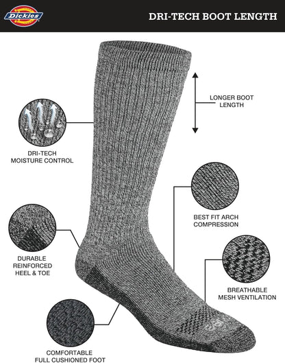 Dickies Men's Dri-Tech Moisture Control Boot-Length Socks, Available in L-XL (6, 12 Pairs)