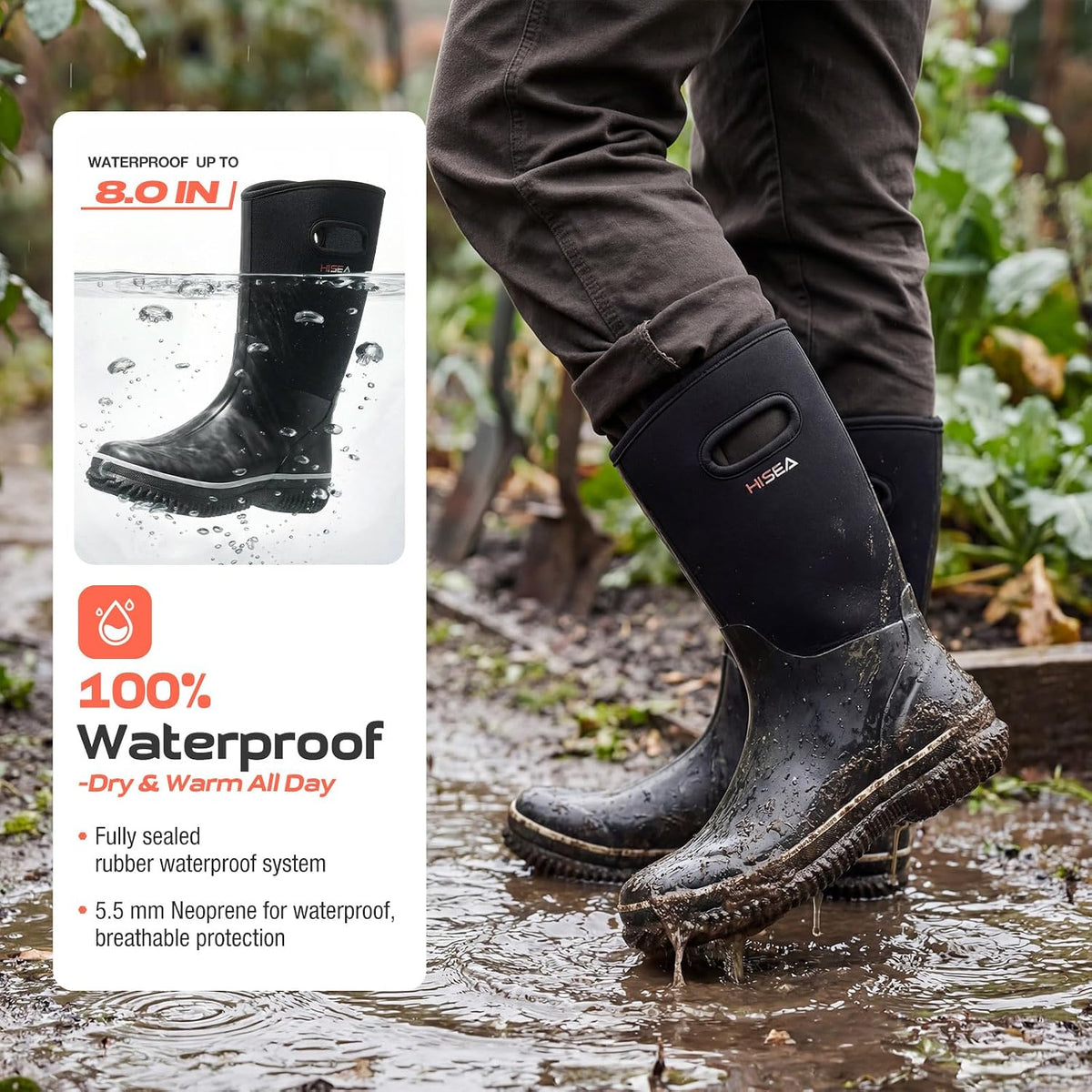 HISEA Women's Mud Rain Boots, Waterproof Insulated Rubber Garden Shoes