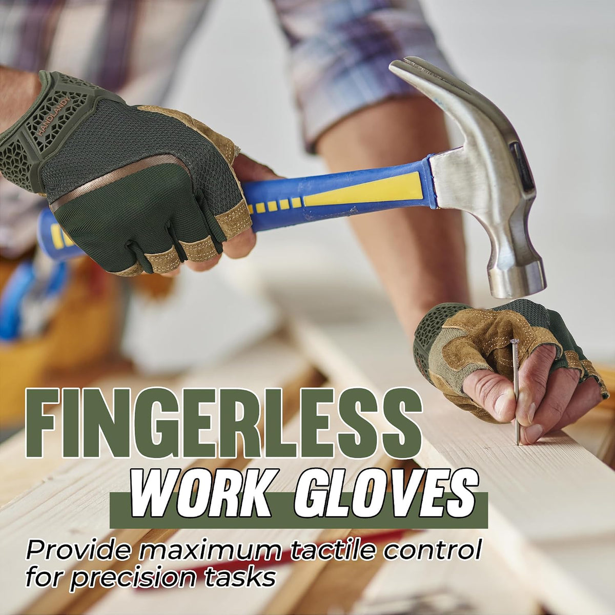 HANDLANDY Fingerless Work Gloves for Mens & Women, Uwrist Half Finger Shock-Absorbing Breathable Glove