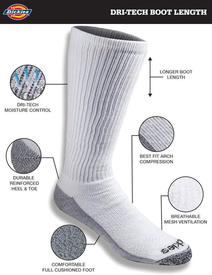 Dickies Men's Dri-Tech Moisture Control Boot-Length Socks, Available in L-XL (6, 12 Pairs)