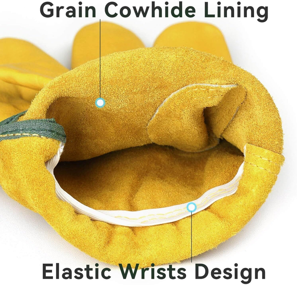 OZERO Leather Work Gloves Flex Grip Tough Cowhide Gardening Glove for Wood Cutting/Construction/Driving/Garden for Men and Women 1 Pair (Gold,Large)