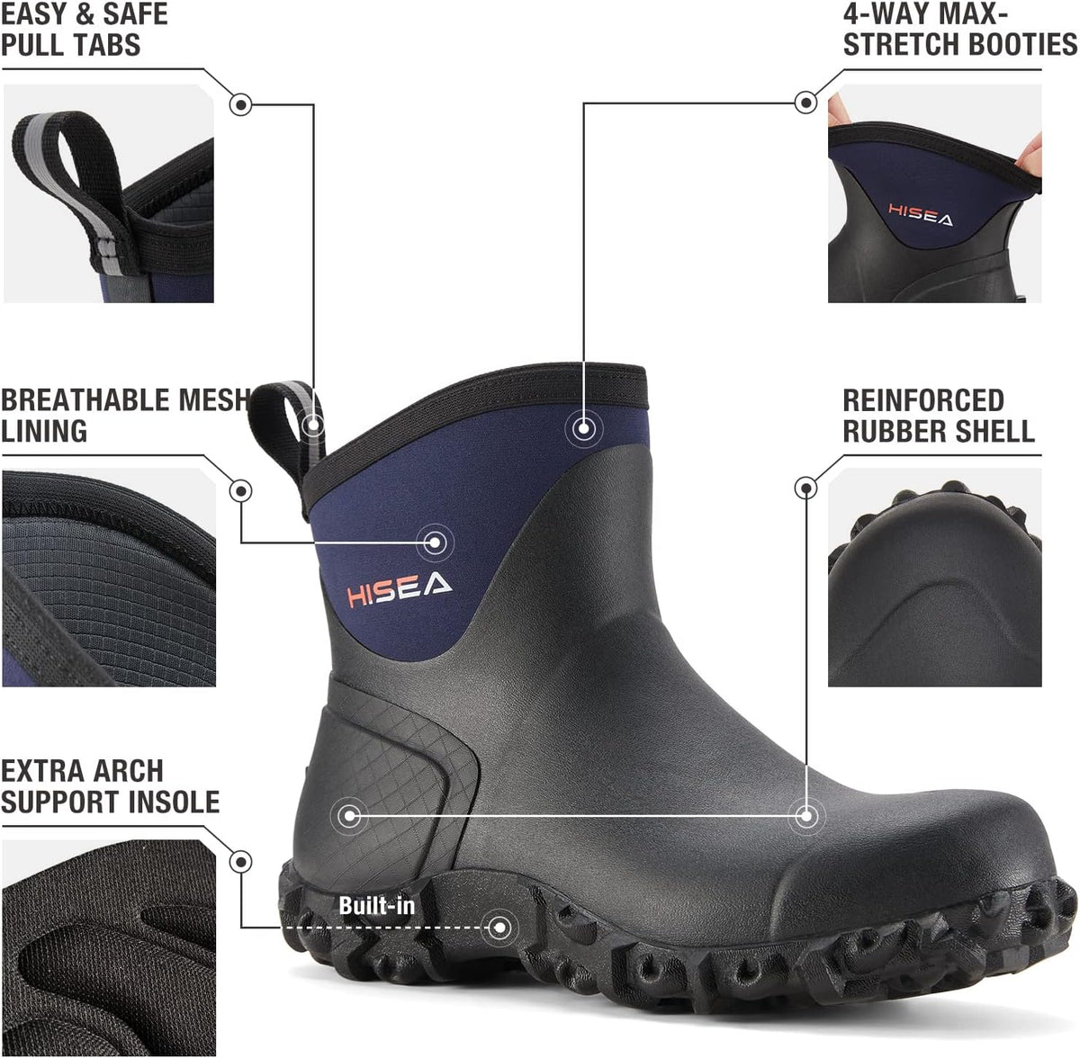 HISEA Men's Rubber Rain Boots Waterproof Ankle Neoprene Garden Shoes