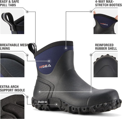 HISEA Men's Rubber Rain Boots Waterproof Ankle Neoprene Garden Shoes