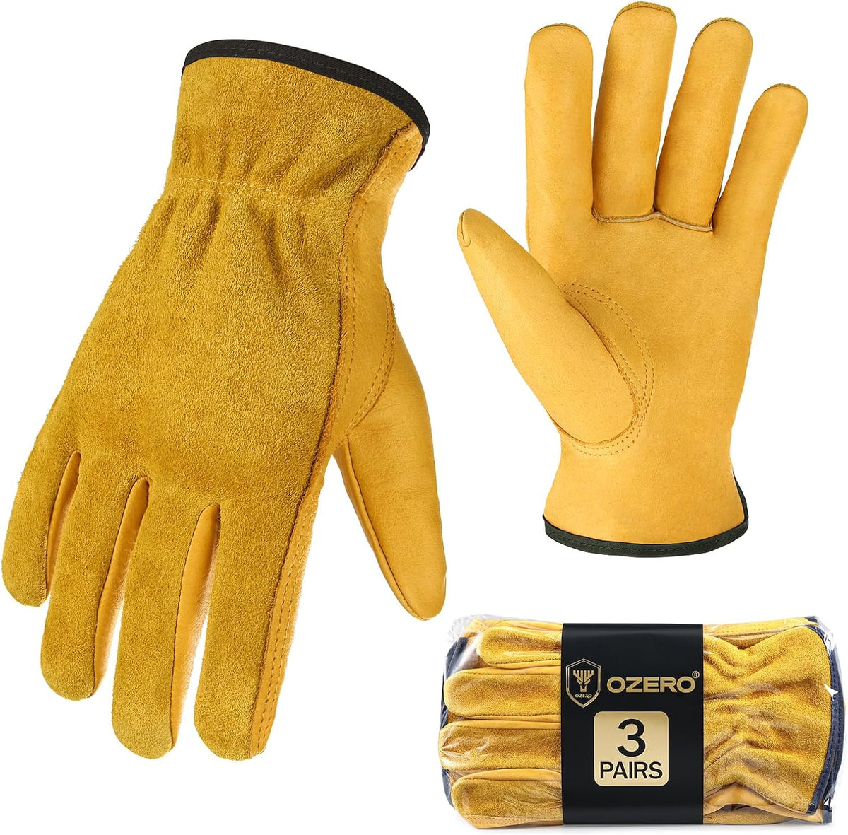 OZERO Leather Work Gloves Flex Grip Tough Cowhide Gardening Glove for Wood Cutting/Construction/Driving/Garden for Men and Women 1 Pair (Gold,Large)