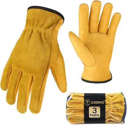 OZERO Leather Work Gloves Flex Grip Tough Cowhide Gardening Glove for Wood Cutting/Construction/Driving/Garden for Men and Women 1 Pair (Gold,Large)