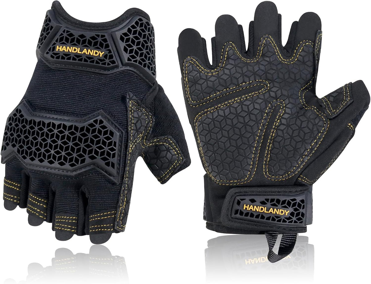 HANDLANDY Fingerless Work Gloves for Mens & Women, Uwrist Half Finger Shock-Absorbing Breathable Glove