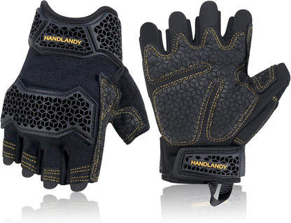HANDLANDY Fingerless Work Gloves for Mens & Women, Uwrist Half Finger Shock-Absorbing Breathable Glove