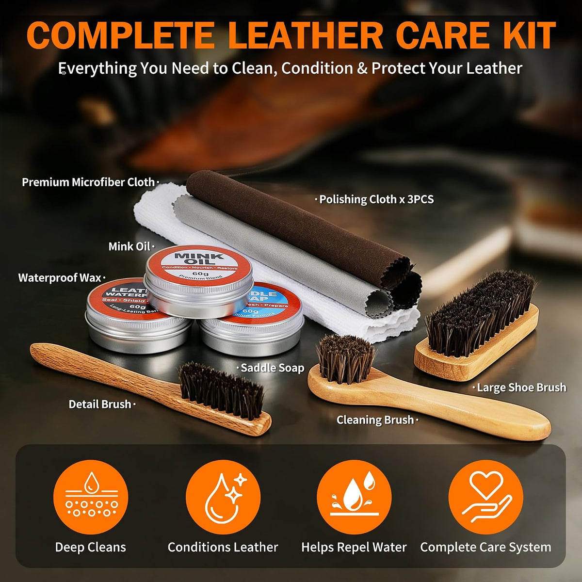 GleamGlee Leather Boot Care Kit, Saddle Soap, Mink Oil & Waterproof Wax Set
