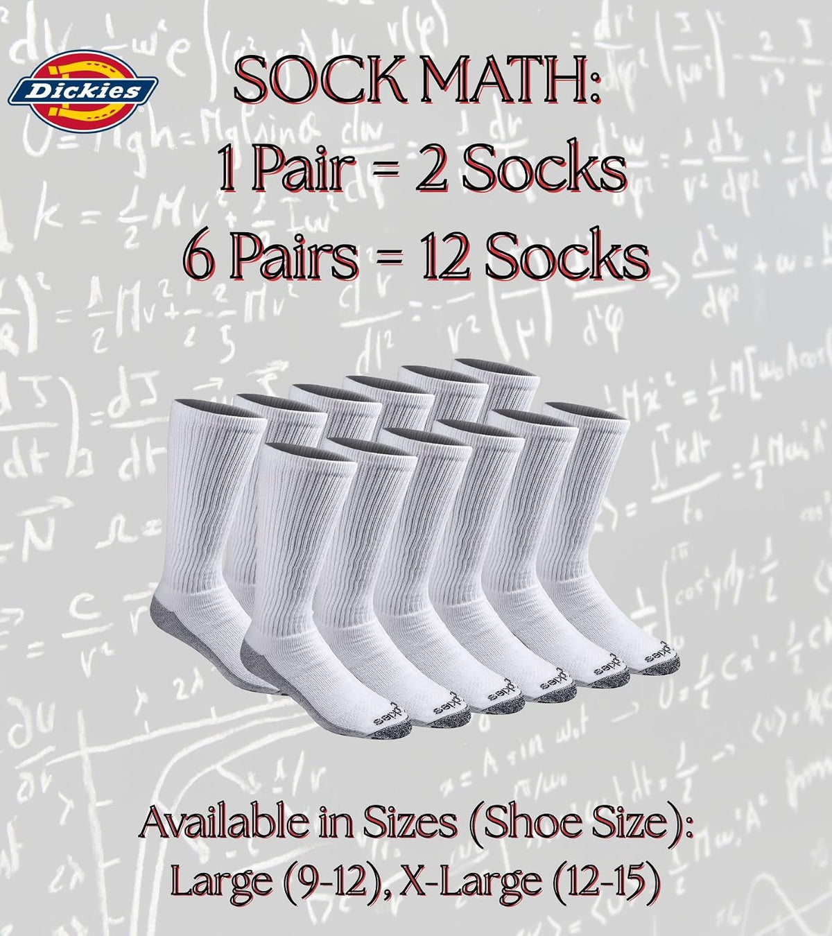 Dickies Men's Dri-Tech Moisture Control Boot-Length Socks, Available in L-XL (6, 12 Pairs)