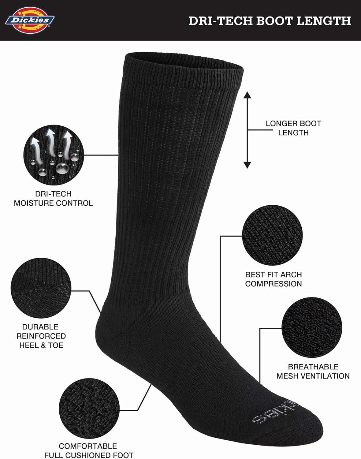 Dickies Men's Dri-Tech Moisture Control Boot-Length Socks, Available in L-XL (6, 12 Pairs)