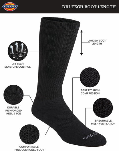 Dickies Men's Dri-Tech Moisture Control Boot-Length Socks, Available in L-XL (6, 12 Pairs)