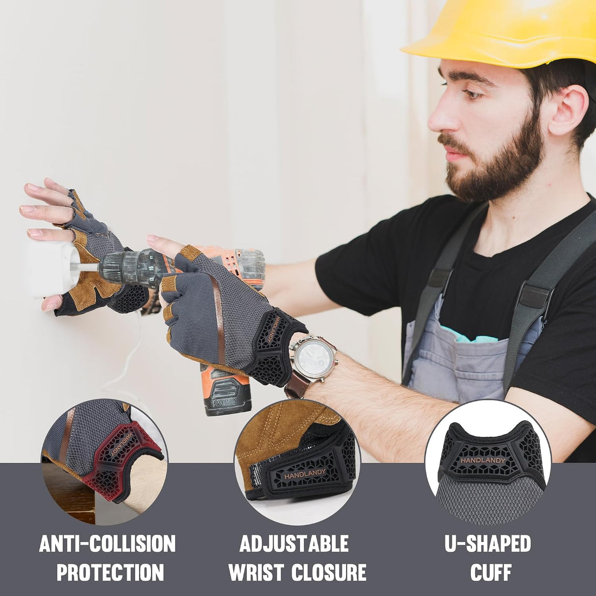 HANDLANDY Fingerless Work Gloves for Mens & Women, Uwrist Half Finger Shock-Absorbing Breathable Glove