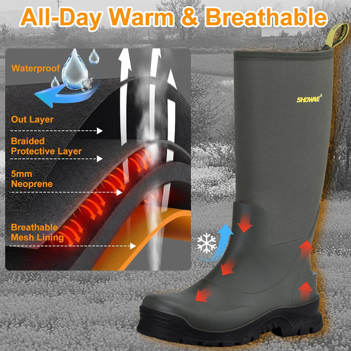 Showave Men's Rubber Boots Knee High Waterproof Insulated Rain Boots