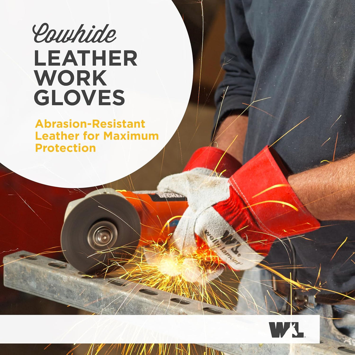 Wells Lamont Leather Work Gloves with Safety Cuff, Double Palm, Split Cowhide, Large (4050)