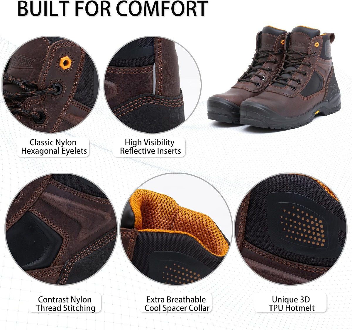 MWORK 6" Safety Work Boots For Men Water Resistant Composite Toe Puncture Resistant EH Non Slip No Metal ASTM F2413-18 Comfortable&Durable MW9276
