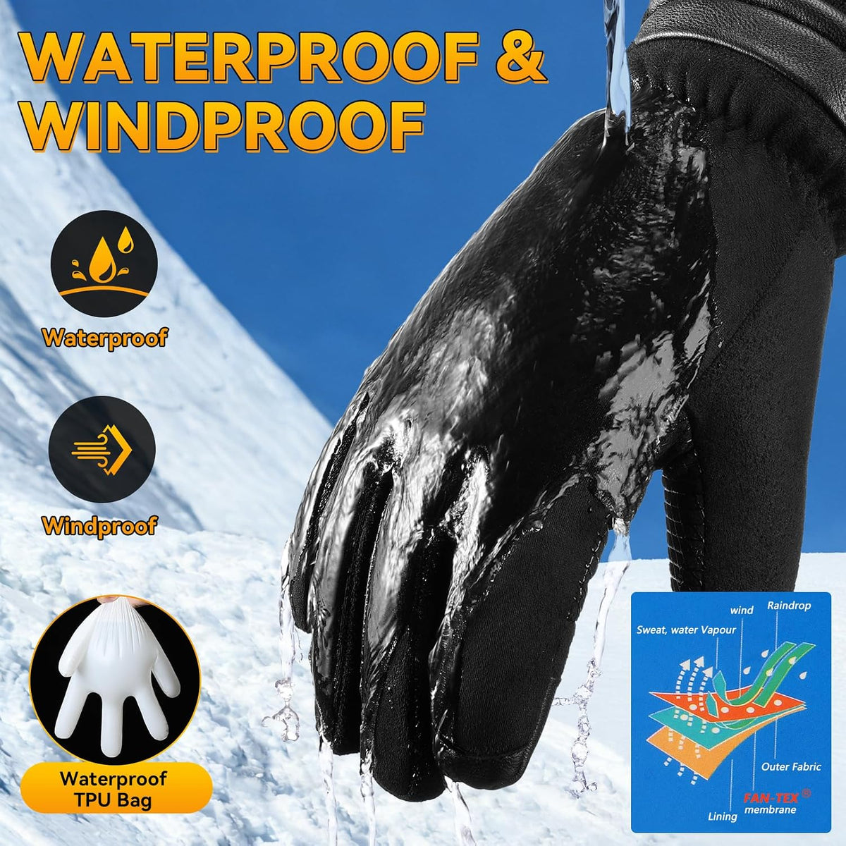 OZERO Mens Gloves for Cold Weather: Waterproof Touchscreen Winter Gloves