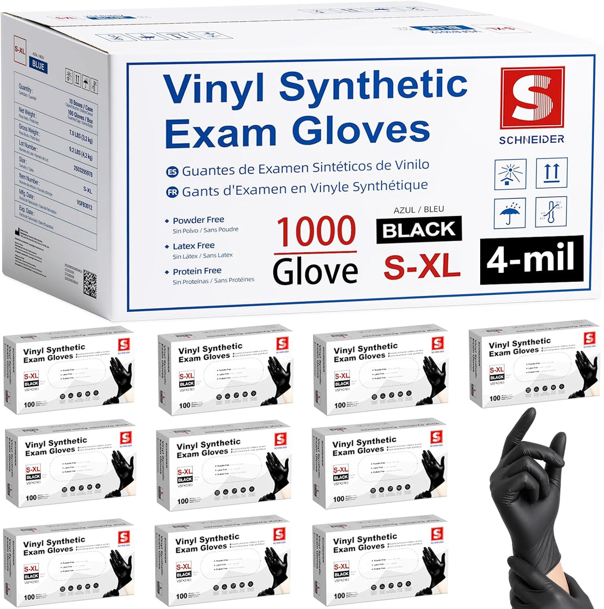 Schneider Medical Nitrile/Vinyl Blend Exam Gloves, Black Disposable