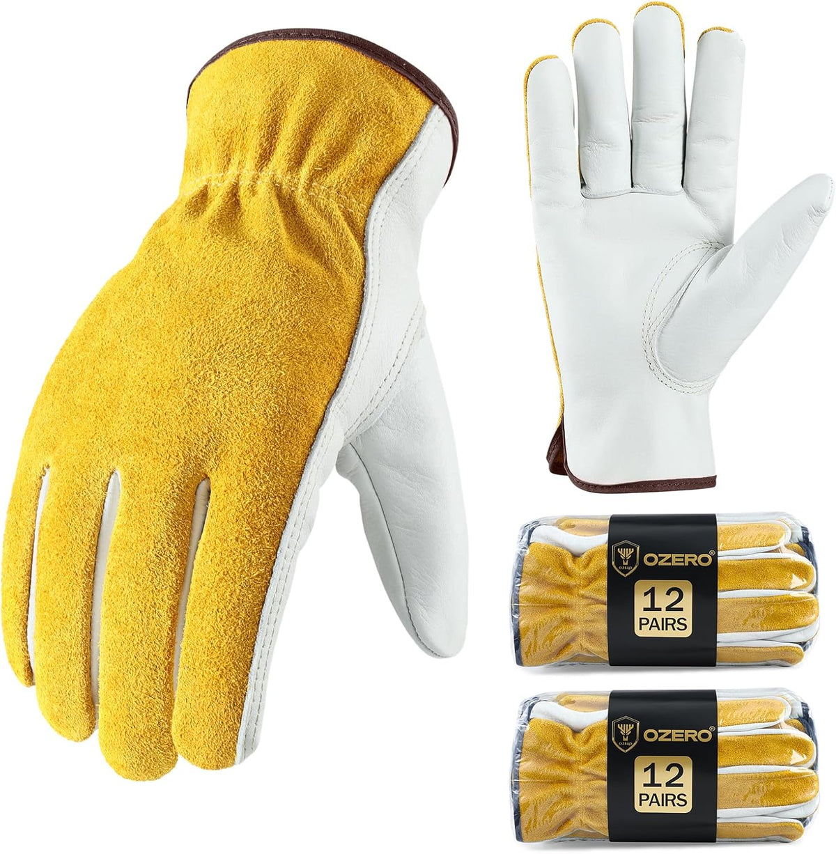 OZERO Leather Work Gloves Flex Grip Tough Cowhide Gardening Glove for Wood Cutting/Construction/Driving/Garden for Men and Women 1 Pair (Gold,Large)