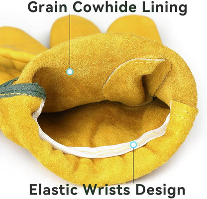 OZERO Leather Work Gloves Flex Grip Tough Cowhide Gardening Glove for Wood Cutting/Construction/Driving/Garden for Men and Women 1 Pair (Gold,Large)