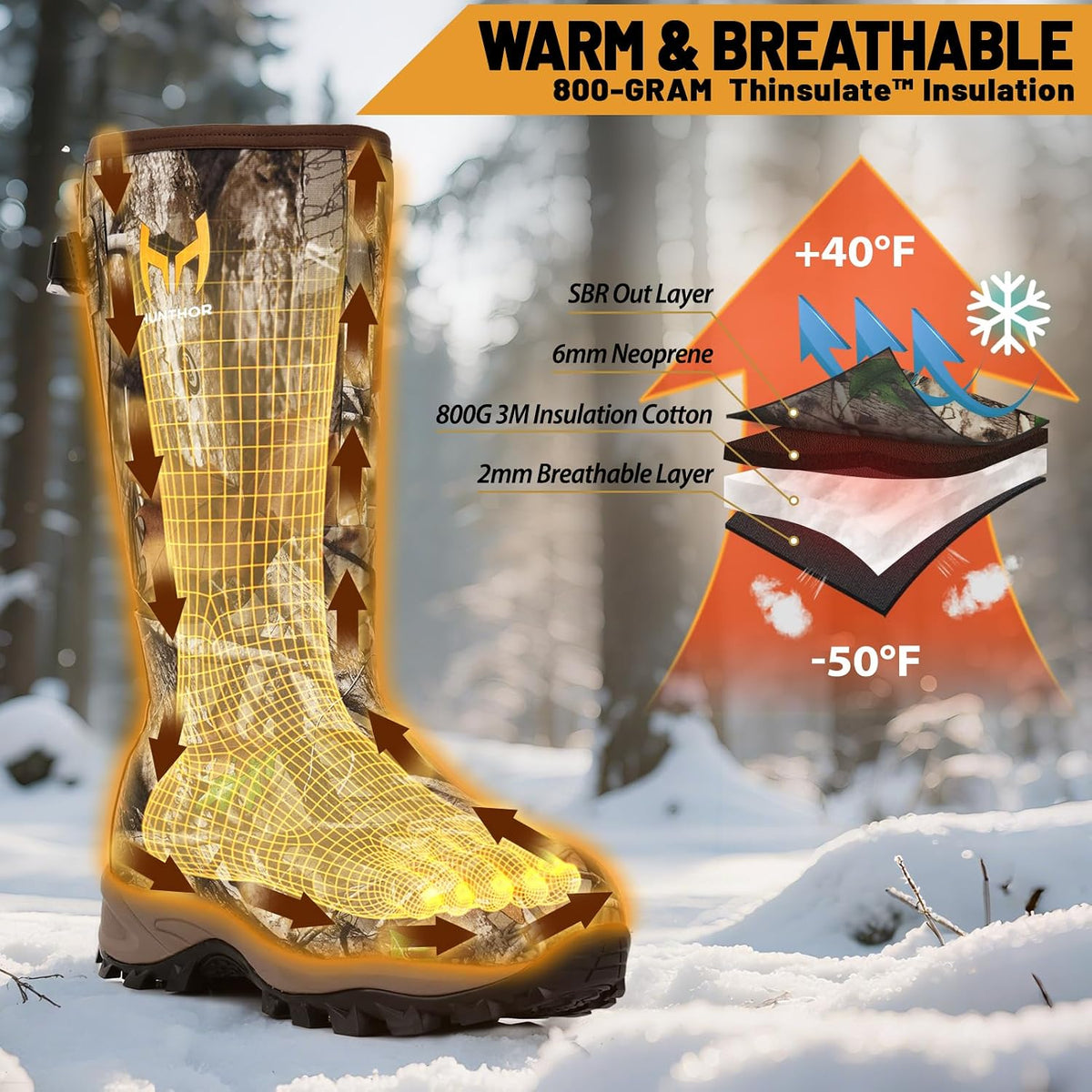 Hunthor 800g Insulated Hunting Boots for Men, Waterproof Rubber Boots