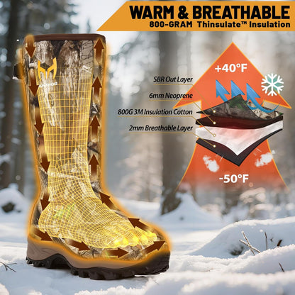 Hunthor 800g Insulated Hunting Boots for Men, Waterproof Rubber Boots