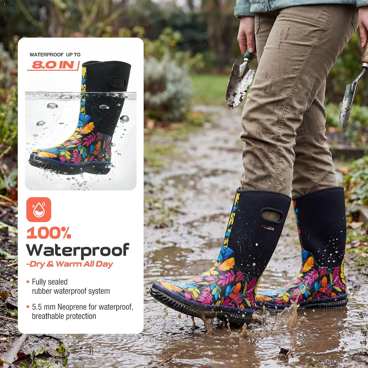 HISEA Women's Mud Rain Boots, Waterproof Insulated Rubber Garden Shoes