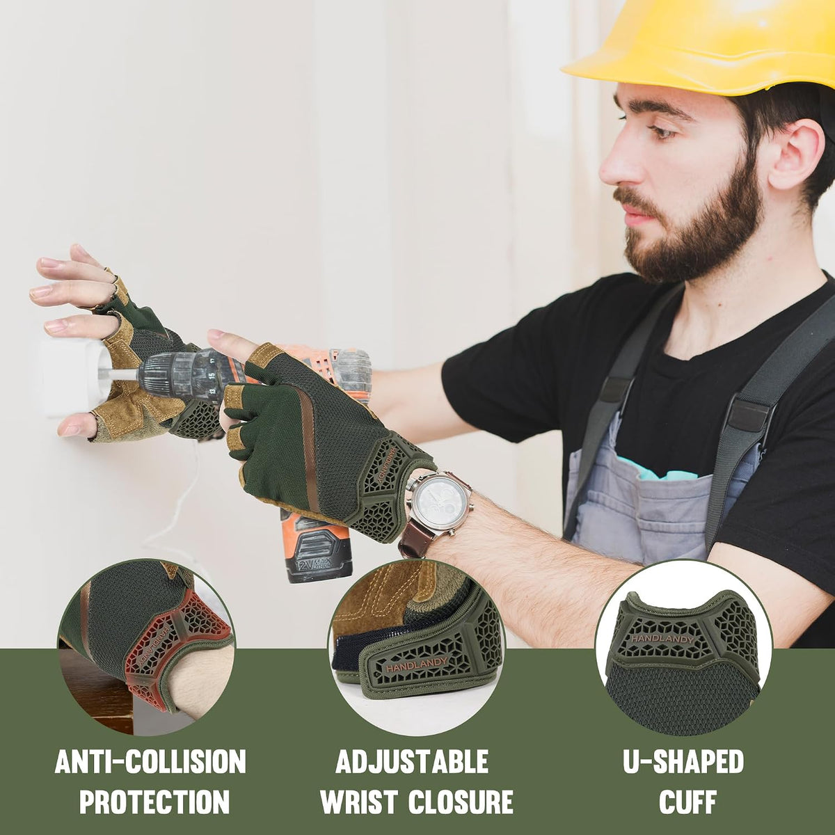 HANDLANDY Fingerless Work Gloves for Mens & Women, Uwrist Half Finger Shock-Absorbing Breathable Glove