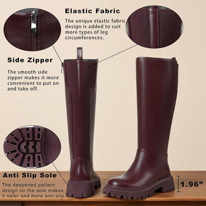 CELNEPHO Women Wide Calf Knee High Riding Boots Low Heel Platform Boots