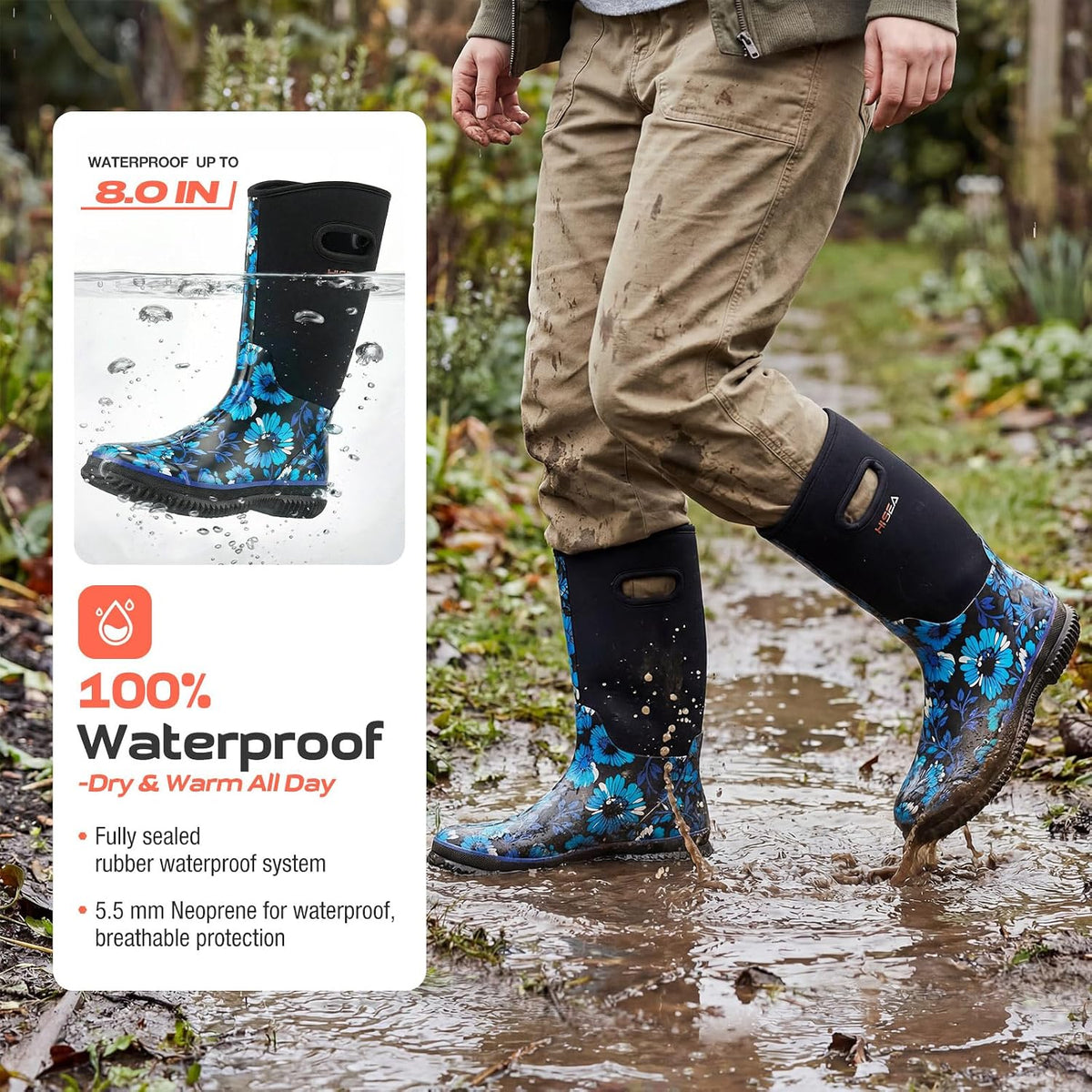 HISEA Women's Mud Rain Boots, Waterproof Insulated Rubber Garden Shoes