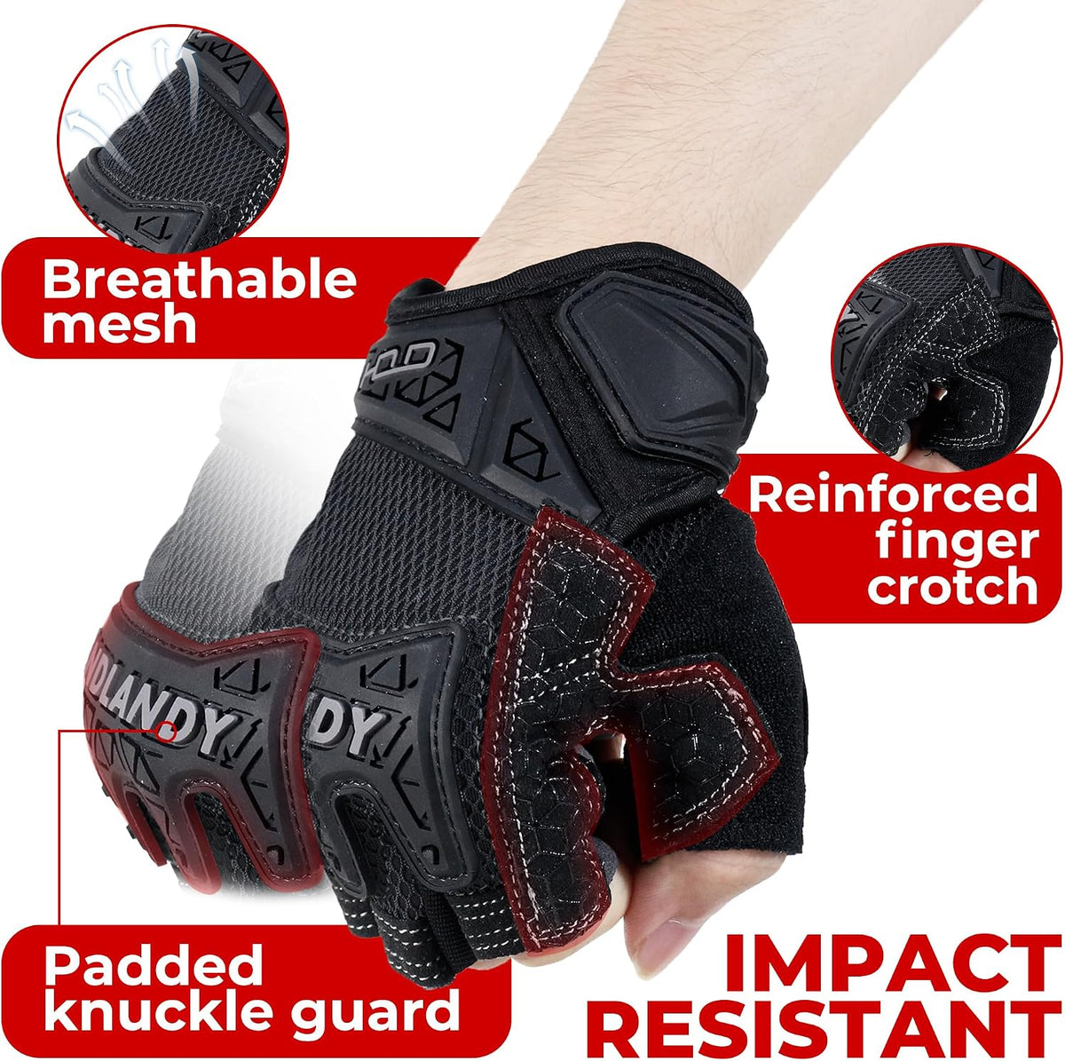 HANDLANDY Fingerless Work Gloves for Mens & Women, Uwrist Half Finger Shock-Absorbing Breathable Glove