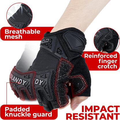 HANDLANDY Fingerless Work Gloves for Mens & Women, Uwrist Half Finger Shock-Absorbing Breathable Glove