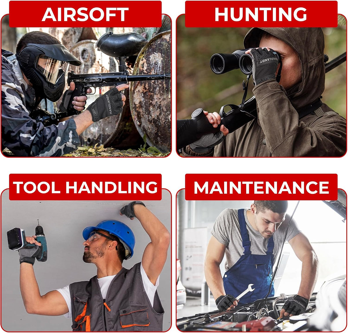 HANDLANDY Fingerless Work Gloves for Mens & Women, Uwrist Half Finger Shock-Absorbing Breathable Glove