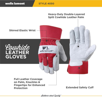 Wells Lamont Leather Work Gloves with Safety Cuff, Double Palm, Split Cowhide, Large (4050)