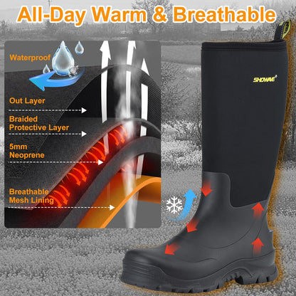 Showave Men's Rubber Boots Knee High Waterproof Insulated Rain Boots