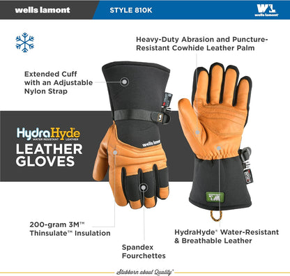 Wells Lamont Insulated Durable Leather Work Gloves - Water-Resistant HydraHyde Winter Gloves - 100% Grain Cowhide, 3M Thinsulate EC 150g, Puncture Resistant, Adjustable Wrist Strap - Large, 810LK
