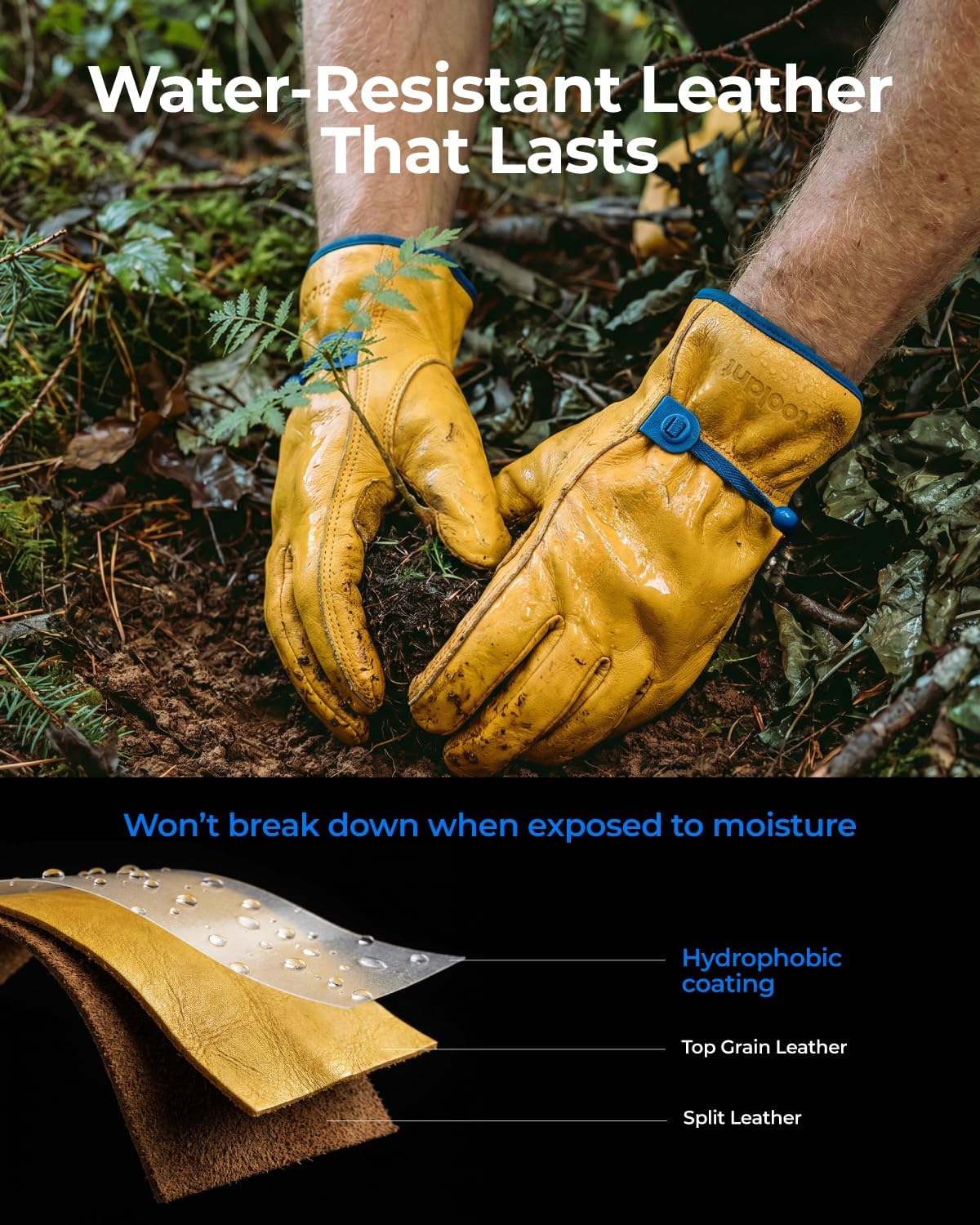 toolant DRIHIDE Leather Work Gloves, Water Resistant Top Grain Cowhide, Durable & Comfortable for Gardening, Ranching