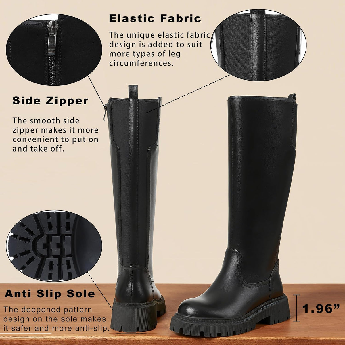CELNEPHO Women Wide Calf Knee High Riding Boots Low Heel Platform Boots