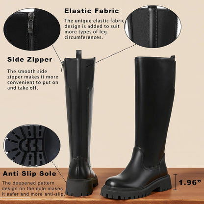 CELNEPHO Women Wide Calf Knee High Riding Boots Low Heel Platform Boots