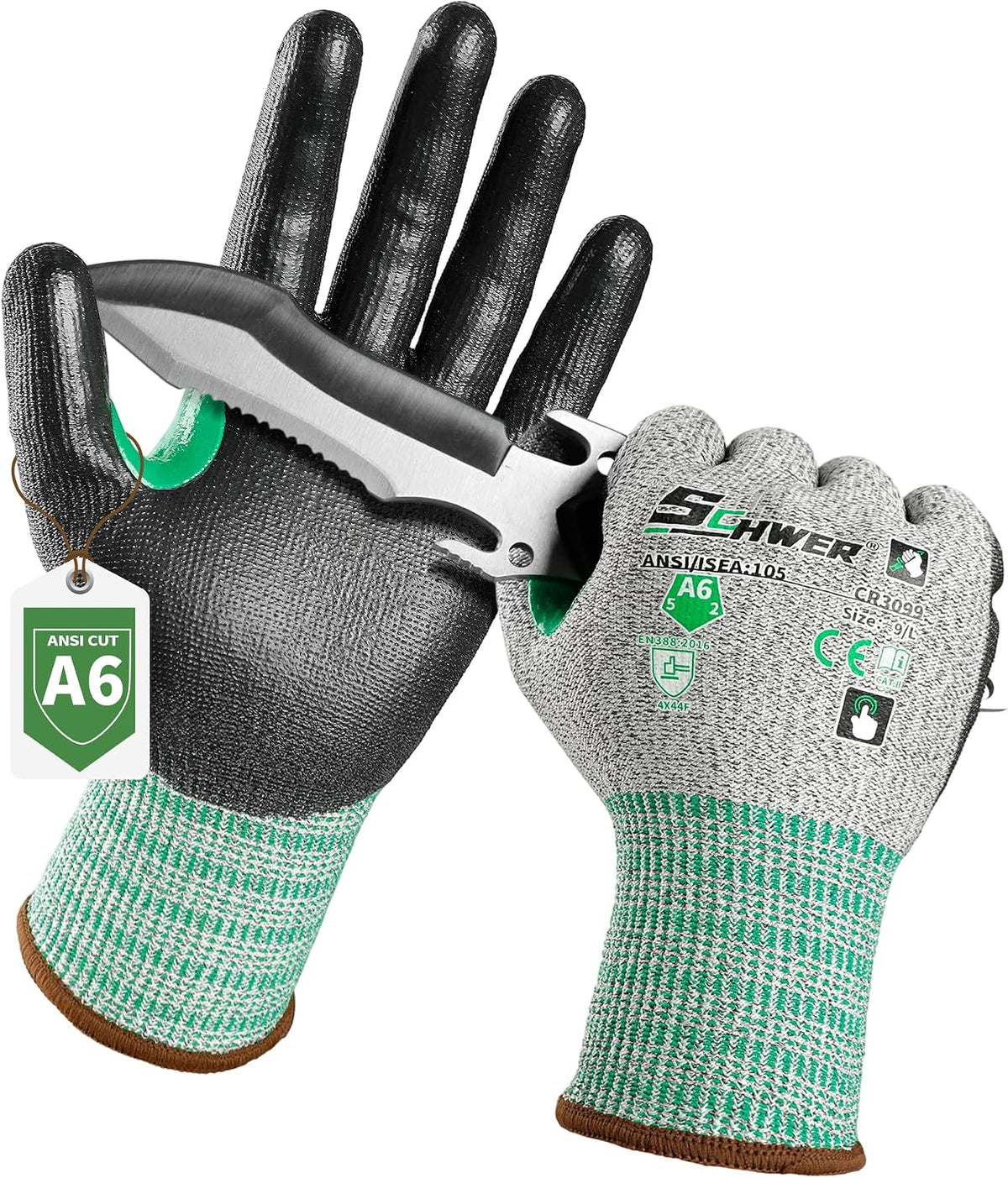 Schwer 12 Pairs A6 Cut Resistant Work Gloves, Reinforced Thumb, CR3028, S