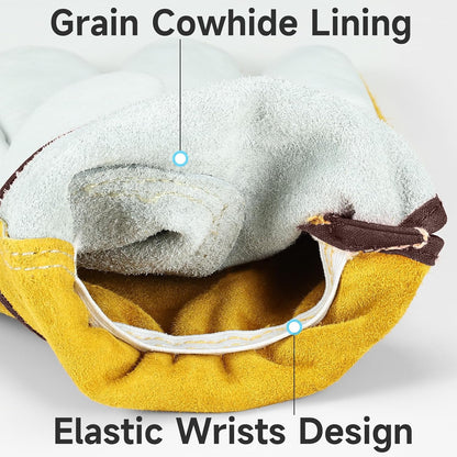 OZERO Leather Work Gloves Flex Grip Tough Cowhide Gardening Glove for Wood Cutting/Construction/Driving/Garden for Men and Women 1 Pair (Gold,Large)