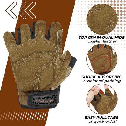 HANDLANDY Fingerless Work Gloves for Mens & Women, Uwrist Half Finger Shock-Absorbing Breathable Glove