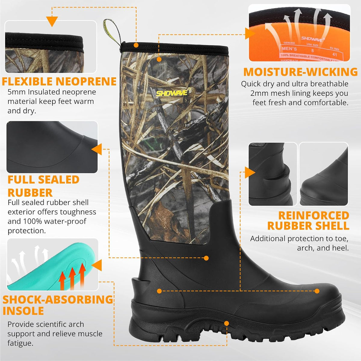 Showave Men's Rubber Boots Knee High Waterproof Insulated Rain Boots
