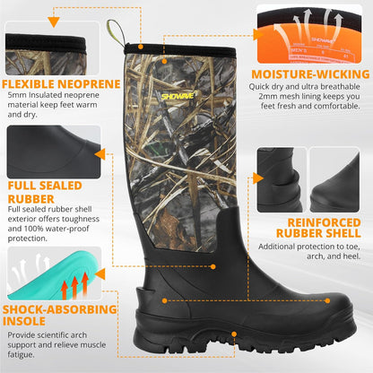 Showave Men's Rubber Boots Knee High Waterproof Insulated Rain Boots
