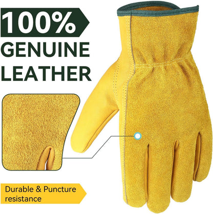 OZERO Leather Work Gloves Flex Grip Tough Cowhide Gardening Glove for Wood Cutting/Construction/Driving/Garden for Men and Women 1 Pair (Gold,Large)